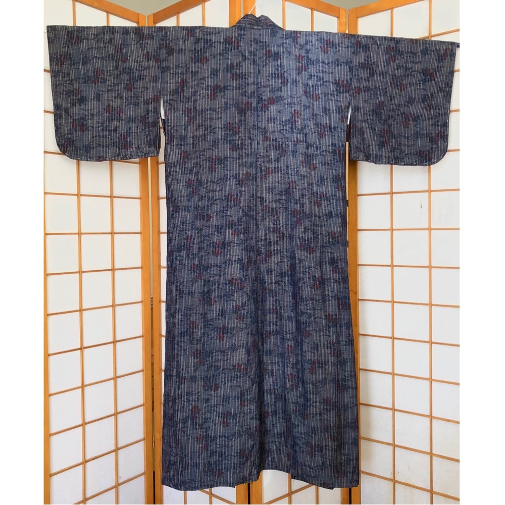 Authentic Vintage Japanese Navy Blue Kimono Robe with Maple Leaves Cotton Blend